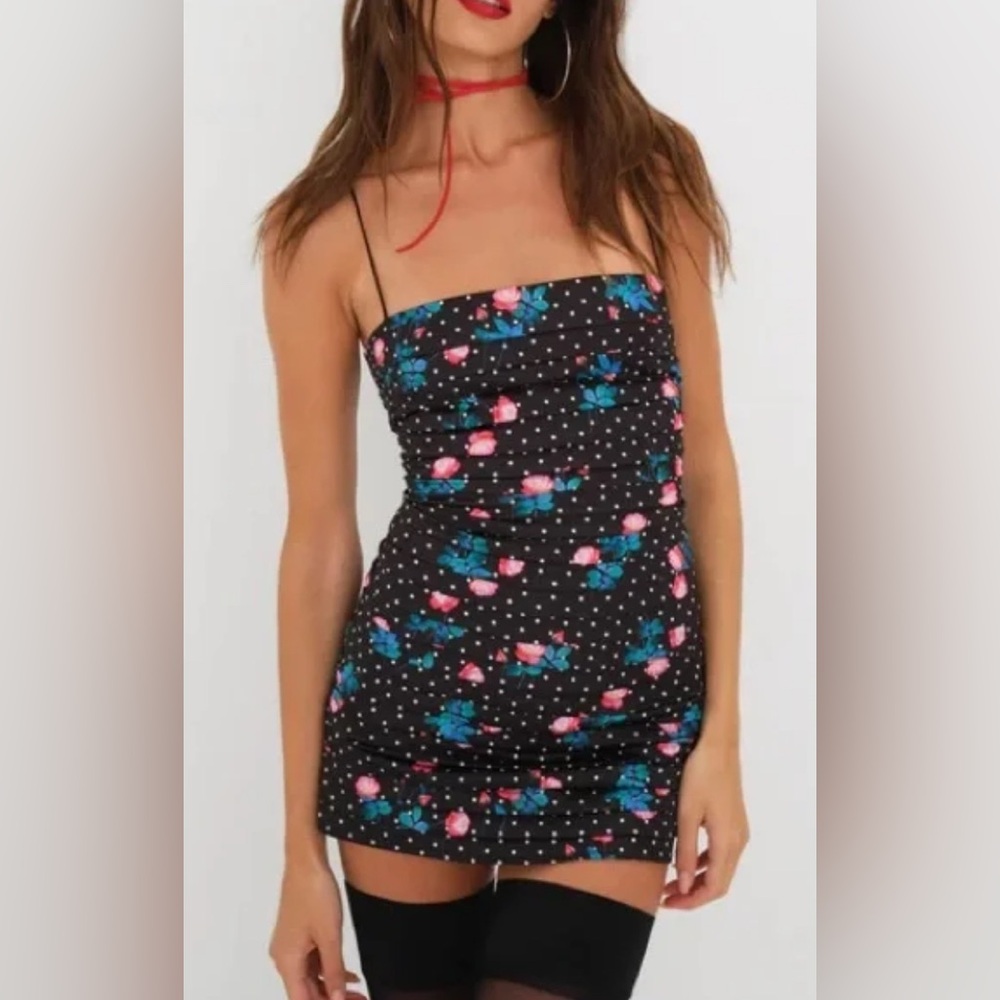 NWT‎ For Love & Lemons Poesy Pleated Mini Dress Floral polka Dots - XS